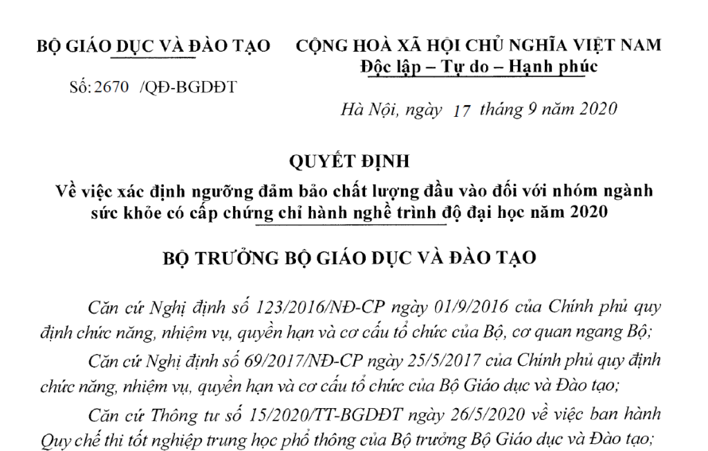 Ngưỡng đảm bảo chất lượng đầu vào đối với ngành Y đa khoa – trình độ 88vv, năm 2020